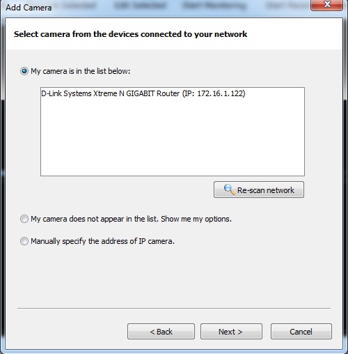 Security Eye network camera discovery screen