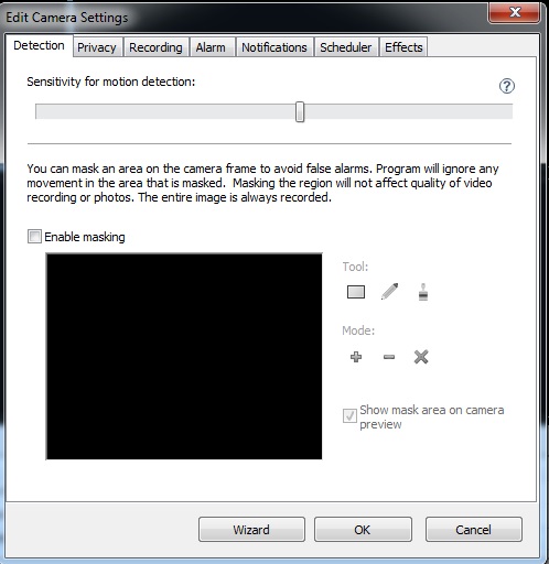 Security Eye Detection settings with motion sensitivity slider and masking area